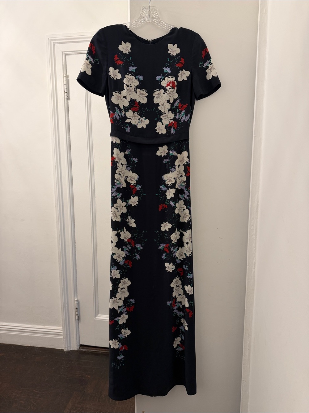 ERDEM Navy Floral Gown with Short Sleeves